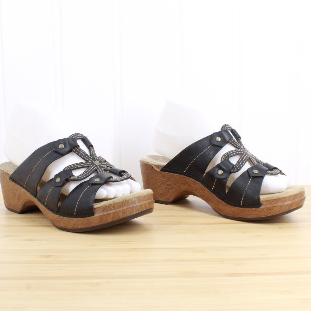 Dansko Serena Floral Laser Cut Black Leather Studded Heeled Sandals Size 10 - Picture 4 of 9